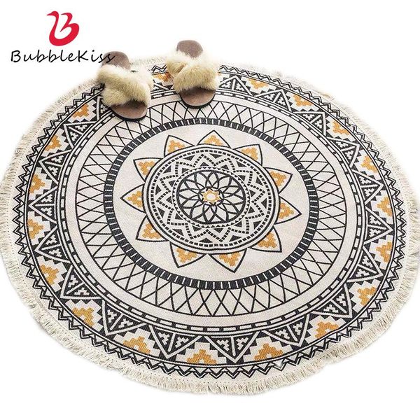 

bubble kiss hand-woven cotton linen round carpets retro ethnic style print tassel trim bedside non-slip floor mat home decoratio