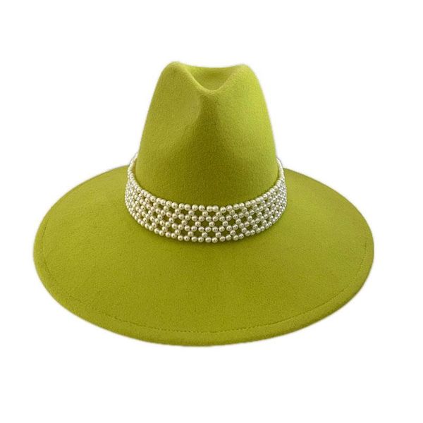 

stingy brim hats green high jazz women wool felt hat pearl strap decorate japan korea fashion party luxury fedora cap autumn winter, Blue;gray