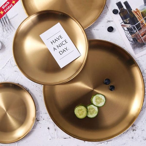 

golden stainless steel storage tray luxurious brass gold round plate metal fruit dessert snack jewelry display kitchen & organization