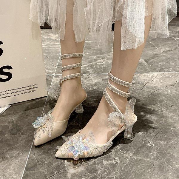 

sandals 2021 summer heels comfort shoes butterfly rhinestone for women clear all-match baotou flowers fashion ladies, Black