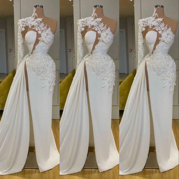2021 Sexy Arabic Dubai Exquisite Lace White Prom Dresses High Neck One Shoulder Long Sleeve Flowers Formal Evening Dress Side Split Robes De Mariée Sweep Train