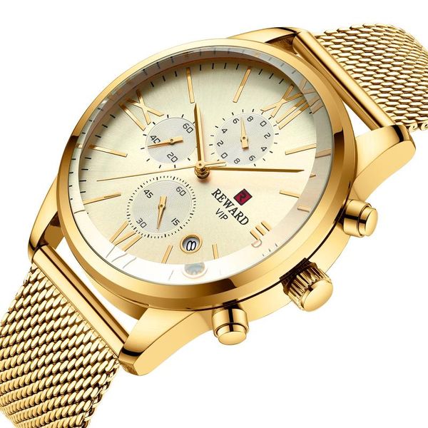 

wristwatches men's multifunction waterproof sports quartz chronograph watch with calendar mens gifts stainless steel hook buckle hardle, Slivery;brown
