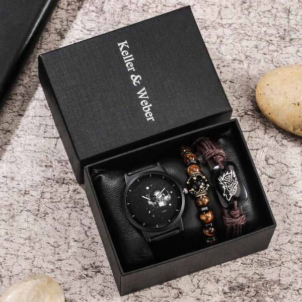 

wristwatches leisure trend men's quartz watch bracelet gift set leather strap astronaut pattern, Slivery;brown