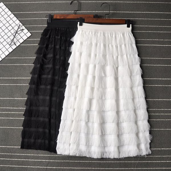 

skirts fashion tiered a-ling chiffon elastic waist band layered tassel sweet mid-calf long skirts, Black
