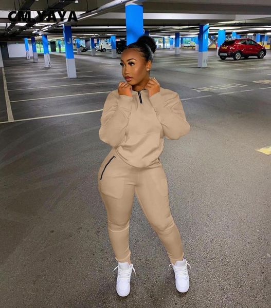 

women's two piece pants cm.yaya women tracksuit solid turtleneck + pockets 2 sets fashion outifts casual sweatsuits autumn 2021, White