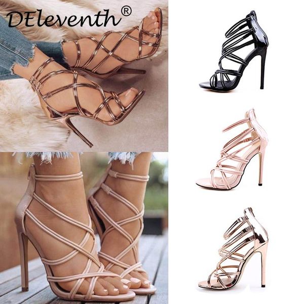 

fashion gladiator woman sandals summer striped peep toe stiletto high heels shoes black gold nude large us10.5 eu43