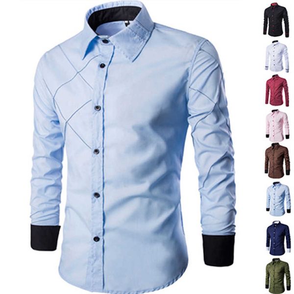 

men casual business buttoned formal long sleeve grid slim fit stylish luxury shirt navy burgun for male, White;black