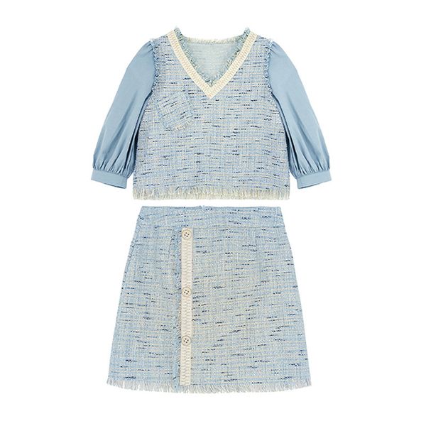

blue patchwork shirt v neck half sleeve empire button tweed mini skirt two piece set women t0276 210514, White