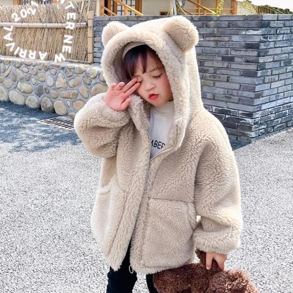 Jaquetas inverno casacos de pele real casacos casuais Shearing de pelúcia quente cordeiro com capuz Kids Roupas 100% Wool Outerwear Overcoats L1354