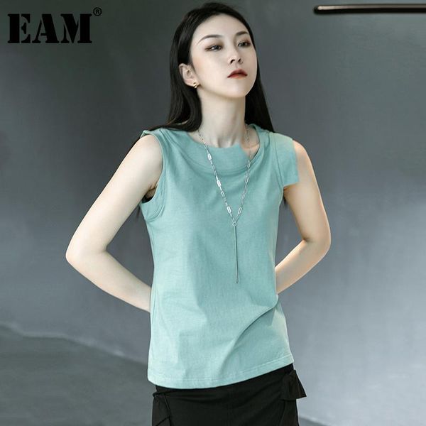 

women's t-shirt [eam] women green irregular cut casual multicolor round neck sleeveless fashion tide spring summer 2021 1dd9643, White