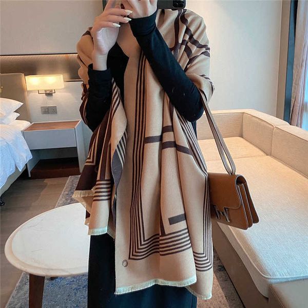 

scarf female imitation cashmere korean autumn winter double-sided thickened air conditioning shawl student stripe bib, Blue;gray