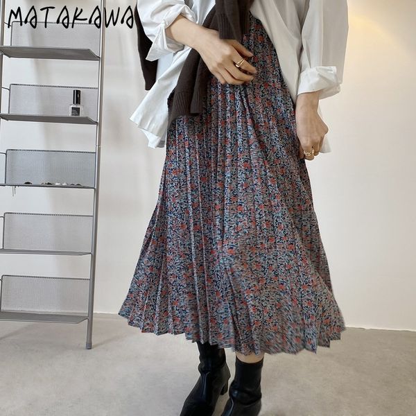 

matakawa retro floral skirt female spring and summer skirts korean drape pleated high waist long woman skirt mujer faldas 210513, Black