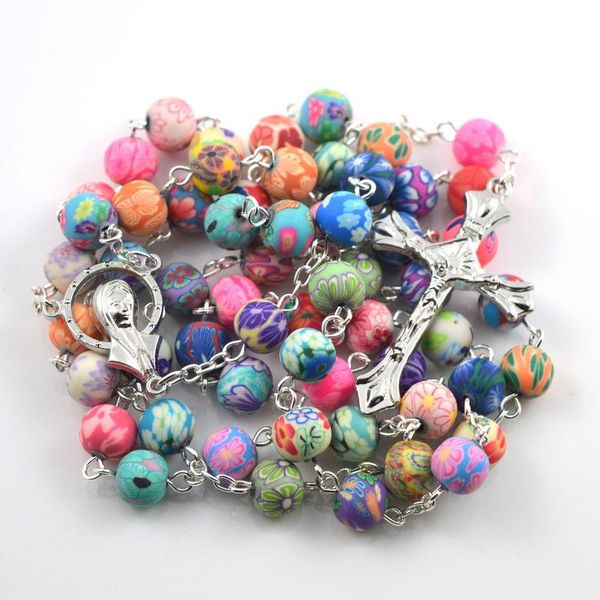 

chains colorful catholic rosary necklace polymer clay round bead our lady of fatima lourdes guadalupe mary center medals, Silver