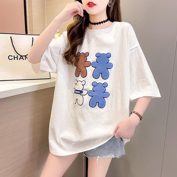 

korea cartoon bear tshirt plus size hip-hop female casual loose kawaii t-shirt women's, White