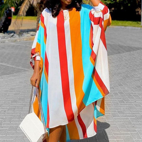 

casual dresses women striped loose plus size o-neck fashion summer fall colorful printed 2021 long female clothing xxxl, Black;gray