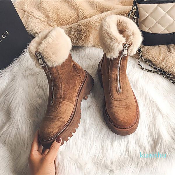

boots winter plush warm women snow brown flock leather ankle for platform short shoes, Black