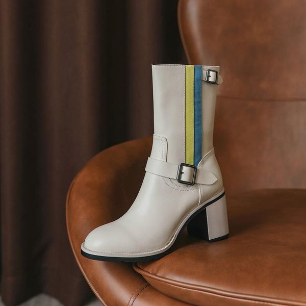 

boots winter genuine leather women mixed colors zip ankle round toe thick heel shoes belt buckle zapatos de mujer, Black