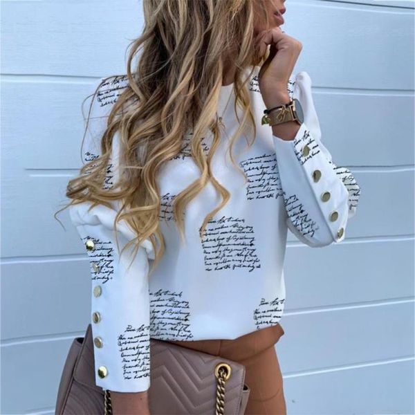 

women's blouses & shirts 2021 women fall elegant puff shoulder blouse office lady metal buttoned detail print long sleeve shirt, White