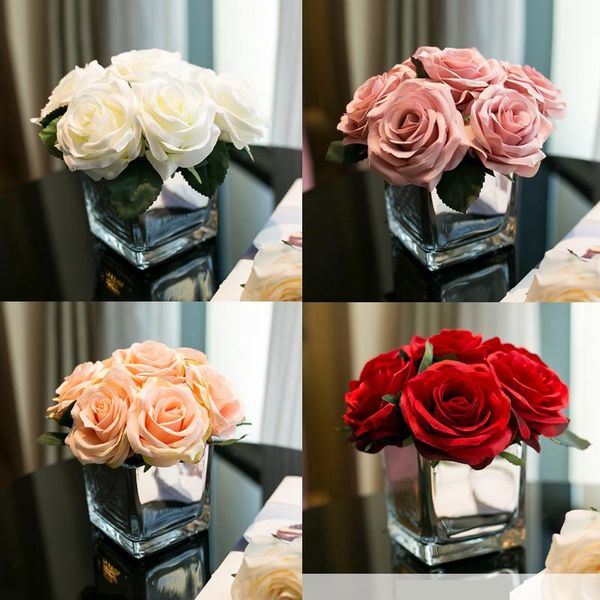 

decorative flowers & wreaths 10 head acacia roses artificial flower silver porcelain vase living room decoration wedding home decor romantiq