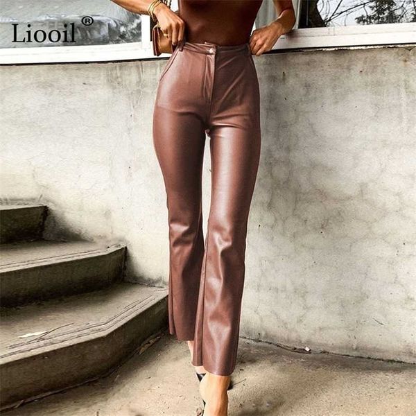 Black Brown Faux Couro Cintura Alta Calças Retas Pernas Mulheres Slacks Outono Sexy Calças Com Pockets Streetwear Skinny 211115