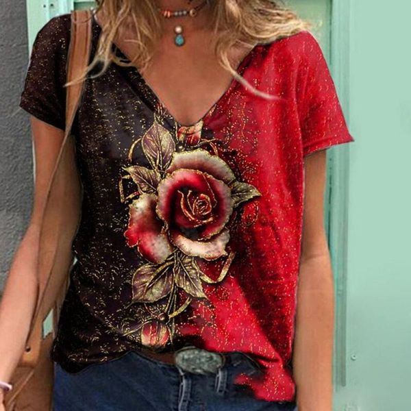 

women's t-shirt summer casual v-neck multicolor rose print short-sleeved loose 2021 fashion street hipster pullover female s-2xl, White
