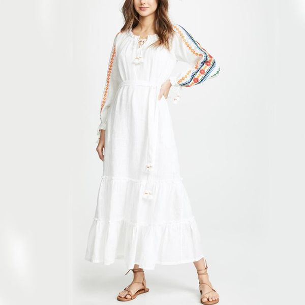 

casual dresses gypsylady floral embroidery maxi dress cotton autumn long sleeve for women belted trims ruffles holiday ladies, Black;gray