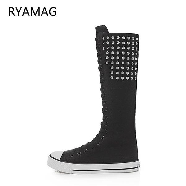 

boots ryamag 2021 women's canvas long rivet shoes flats punk high lace-up zipper comfortable vulcanize sneakers, Black