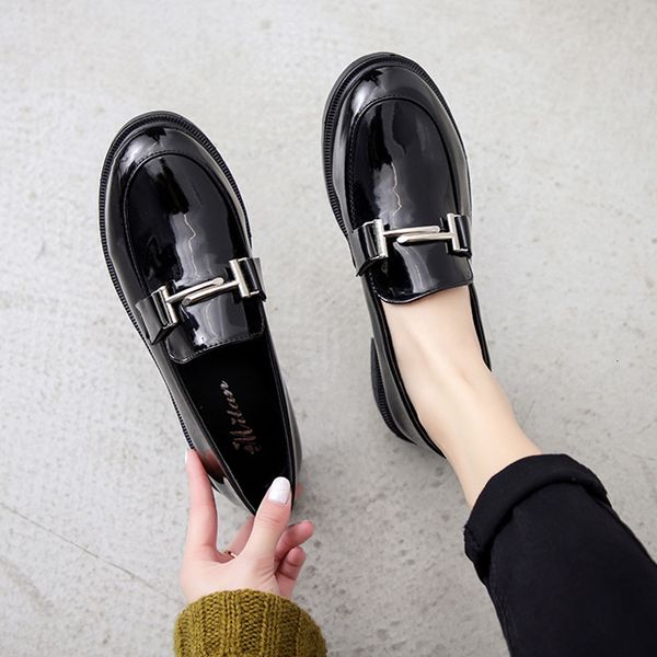 

sandals metal buckle british japannned leather loafers woman flats thick heels derby shoes retor college girls small women d6p1, Black