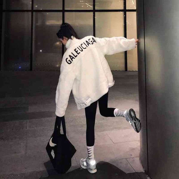 

women's fur & faux celebrity winter web fashion outerwear thick warm black and white letter cotton coat for women qxyx