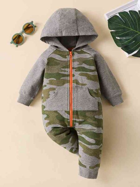 

baby camo print raglan sleeve zipper hooded jumpsuit she, Blue