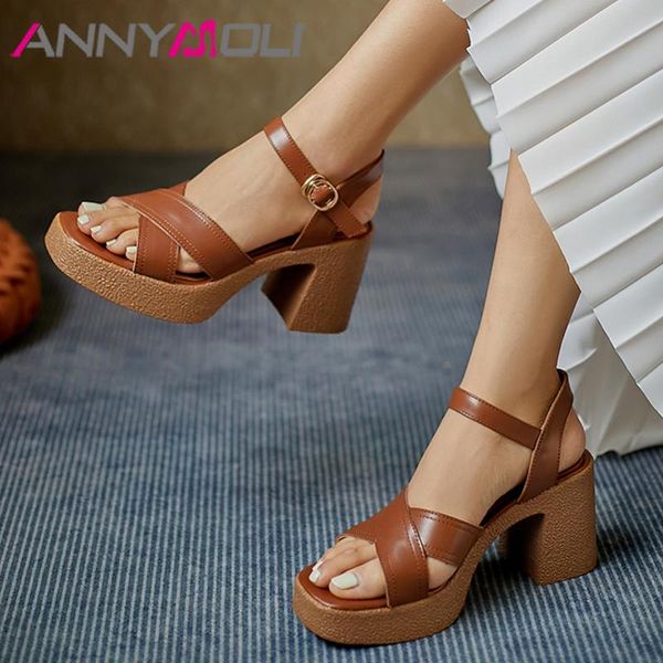 

sandals annymoli shoes women real leather super high heel buckle square toe chunky ladies footwear summer apricot, Black