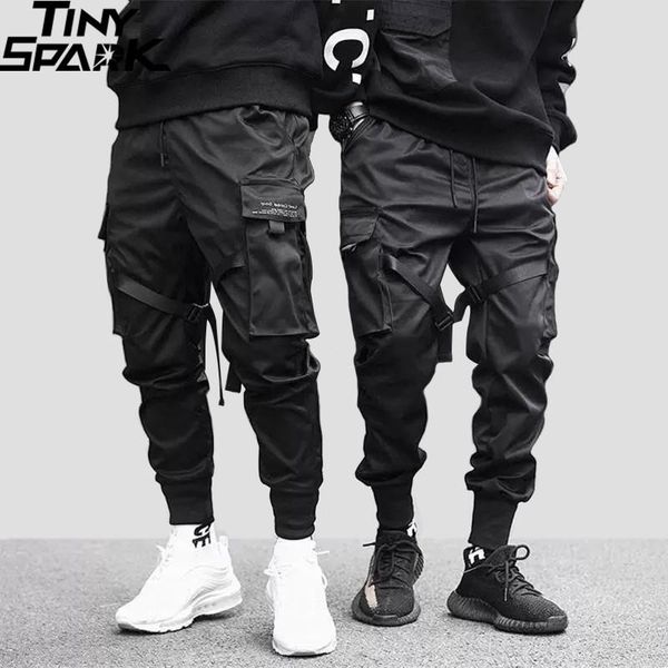 

hip hop cargo pants pockets men streetwear harajuku joggers hiphop swag ribbion harem fashion casual trousers men's, Black