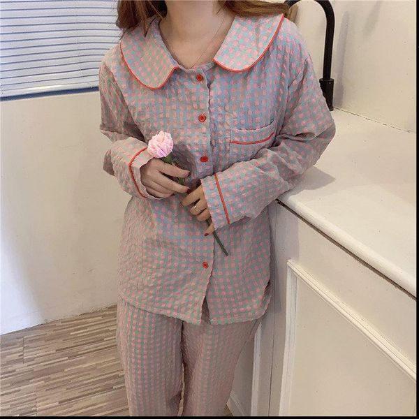 

autumn plaid casual pajamas womens sleepwears chic thin geometric comfortable loose sets, Black;red