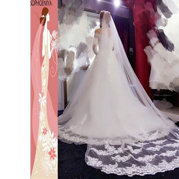 

bridal veils 2021 arrival cathedral veil with comb one layer wedding appliqued lace edge 3 meters long polyester headwear noiva, Black