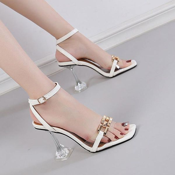 

sandals women pumps high heels chain metal square toe ladies shoes fashion office pu ankle strap female plus size comfortbale, Black