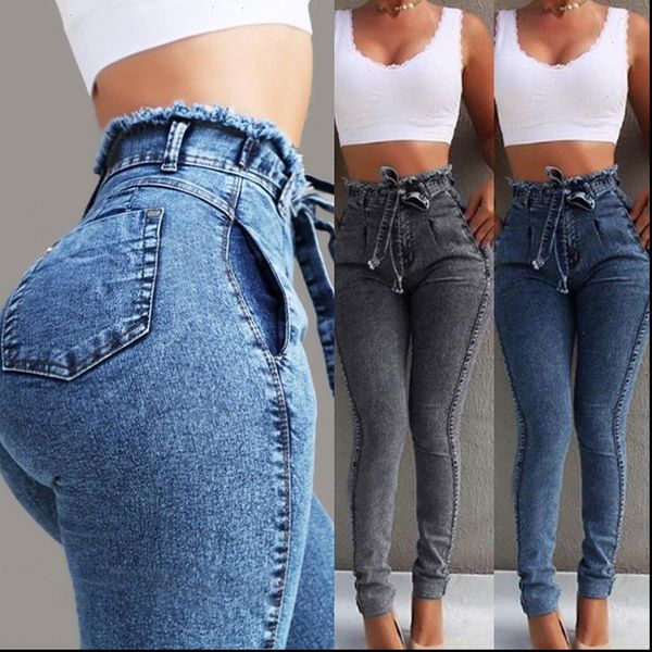 

womens jeans high waist women streetwear bandage denim plus size femme pencil pants skinny woman, Blue