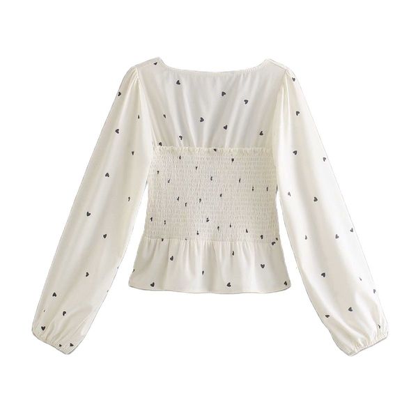 

t shirt long sleeve square collar peach heart print spring sweet small floral pleated short t-shirt vintage fashion slim female, White