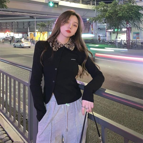 

women's jackets leopard print collar knit sweater female spring autumn fashion baseshirt slim short undershirt small tight jacket blous, Black;brown
