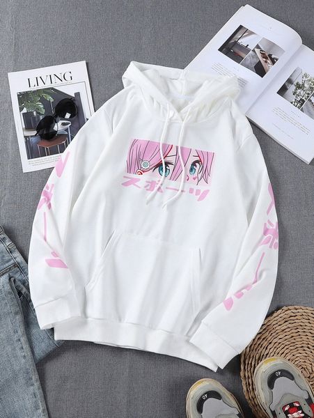 

men japanese letter & figure graphic kangaroo pocket drawstring hoodie t0yq#, Black