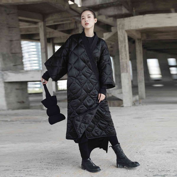 

Women's Down & Parkas [EAM] Spring Autumn V-collar Three-quarter Sleeve Solid Color Bandage Cotton-padded Big Size Coat Women Fashion J, Black