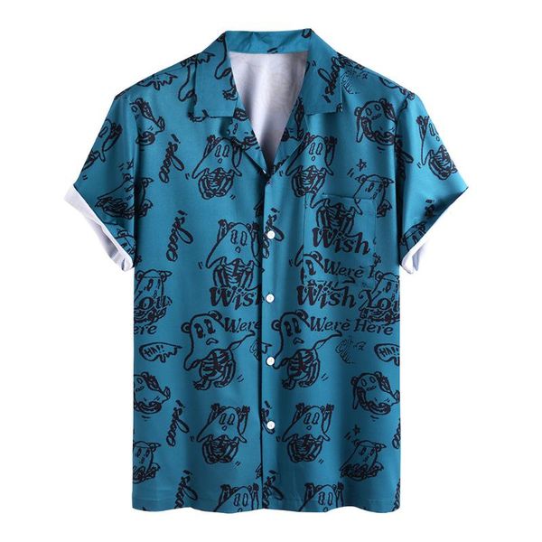 

men's casual shirts mens cartoon japanese ghost printed short sleeve breathable button up hawaiian blue shirt, White;black
