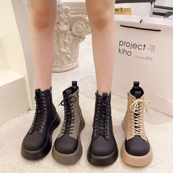 

boots rock shoes woman boots-women luxury designer round toe 2021 ankle rubber autumn ladies fashion riding low motorcycle pu s, Black