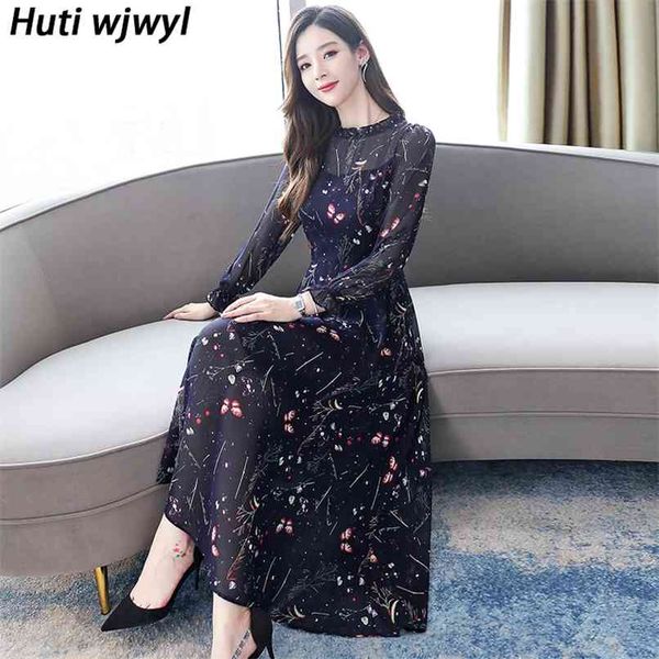 

3xl plus size casual boho beach dress autumn elegant women party bodycon maxi vestidos summer vintage floral chiffon midi 210528, Black;gray