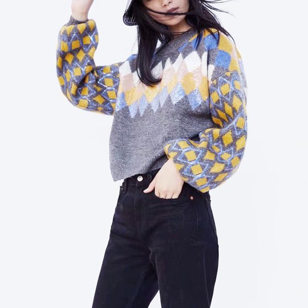 

winter autumn za knitted sweater women pullover geometric pattern sequins decoration puff sleeve casual loose femme 210420, White;black
