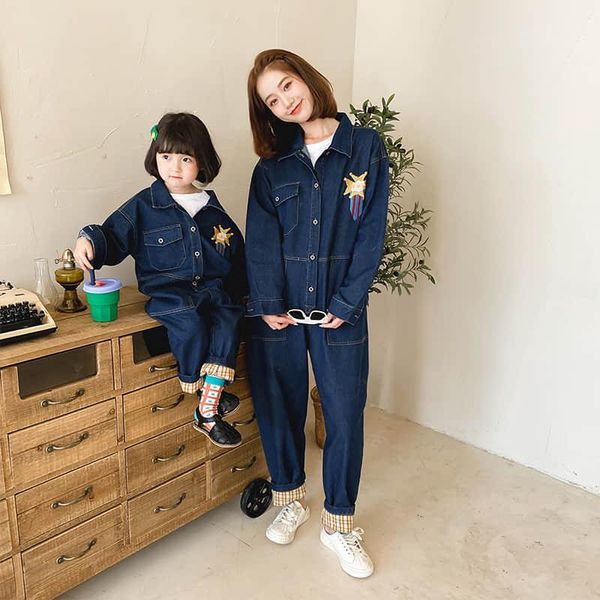 

spring dress 2021 women's parent child girl cowboy little foreign style korean one-piece suit pan family matching outfits, Blue