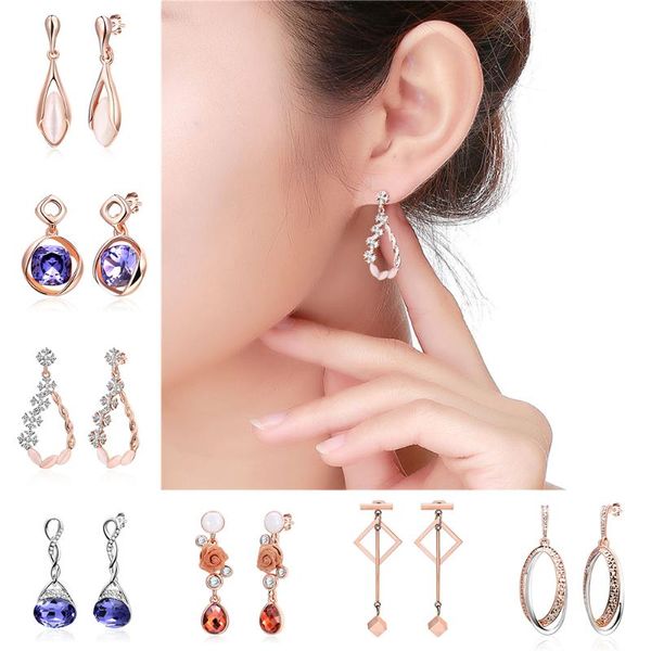 

dangle & chandelier zemo fashion rose gold earrings with cubic zircon for women flower stone drop earring female's alloy hanging 2021, Silver