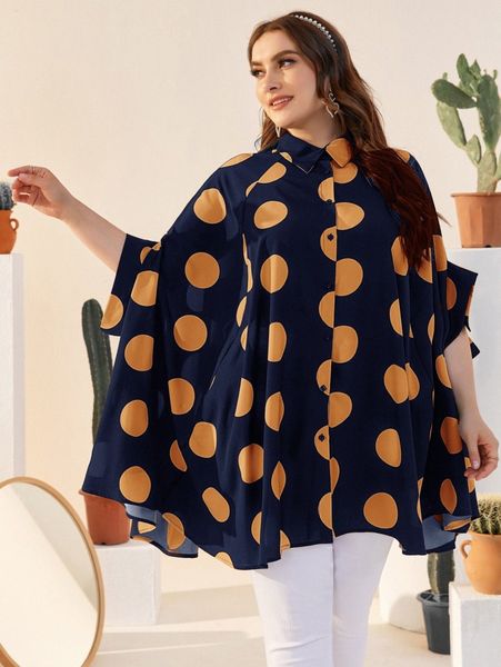 

plus button front batwing sleeve polka dot shirt q3od#, Black