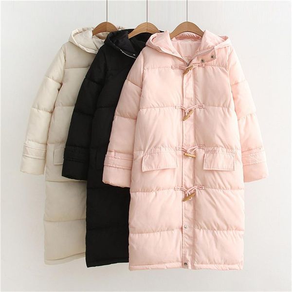 

women's jackets autumn winter long parkas women horn button cotton padded jacket warm thick hooded coat female casual loose outwear rh1, Black;brown