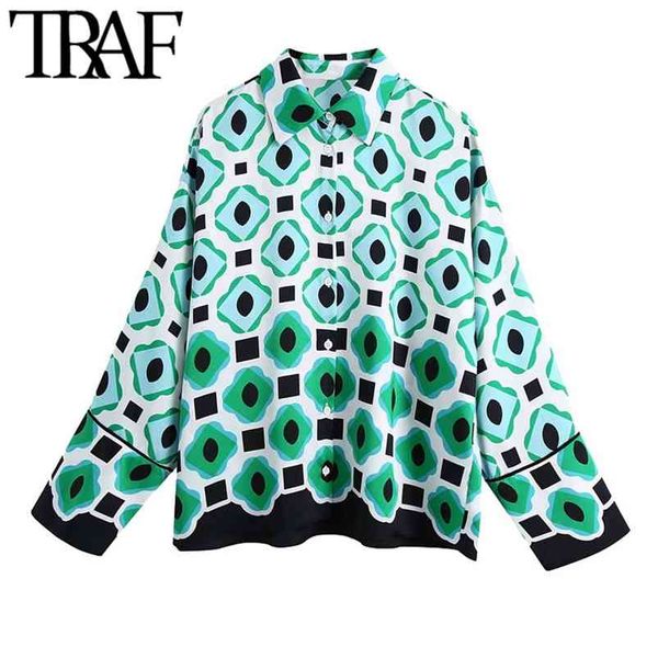 

women fashion geometric print loose asymmetric blouses vintage long sleeve button-up female shirts blusa chic 210507, White