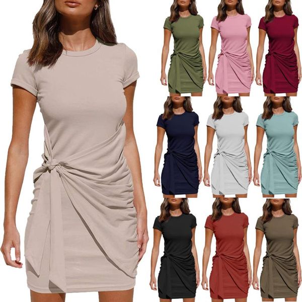 

casual dresses summer women dress self tie draped t-shirt solid cotton outfits daily short sleeve, Black;gray